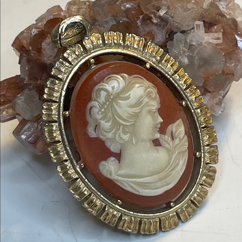 Vintage Gold Tone Two Sided Oval Cameo & Gold Tone Design Pendant